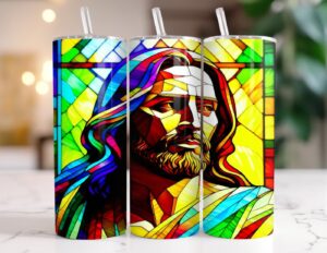 Heavenly Savior: Stained Glass Jesus Tumbler - 20oz Stainless Steel, Spiritual Gift - Christian Gift - Christian Artwork - Jesus Christ - Jesus Lover Men Women