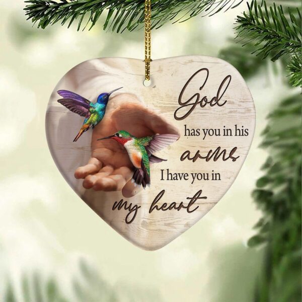 Hummingbird painting, God has you in his arms, I have you in my heart – Jesus Heart Ceramic Ornament