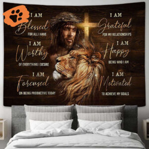 Blessed Jesus Lion Head Tapestry - Christian Wall Decor & Religious Art