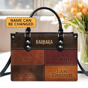 I Am Strong Personalized Leather Handbag Religious Gift with Handle