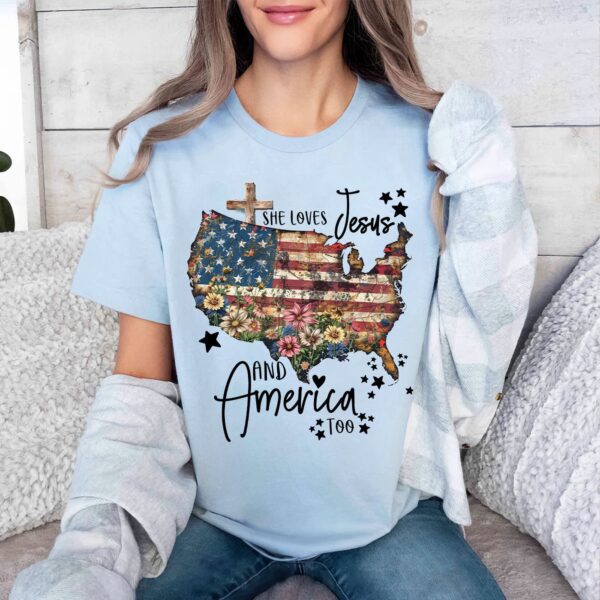 Jesus American Flag Cross Shirt She Loves Jesus & America Sweatshirt US Pride Hoodie Independence Day Gifts