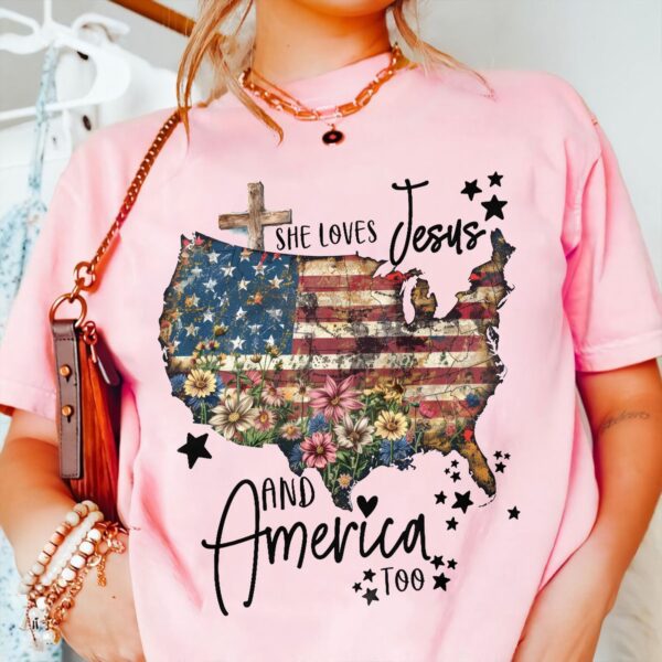 Jesus American Flag Cross Shirt She Loves Jesus & America Sweatshirt US Pride Hoodie Independence Day Gifts