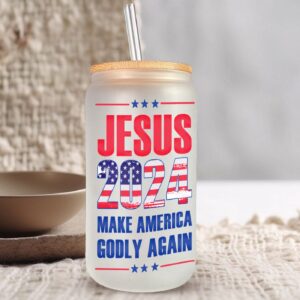 Jesus American Flag Glass Can & 2024 Make America Godly Again Coffee Cup Gift Set 1