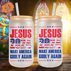 Jesus American Flag Glass Can & 2024 Make America Godly Coffee Cup - God Lovers Gifts