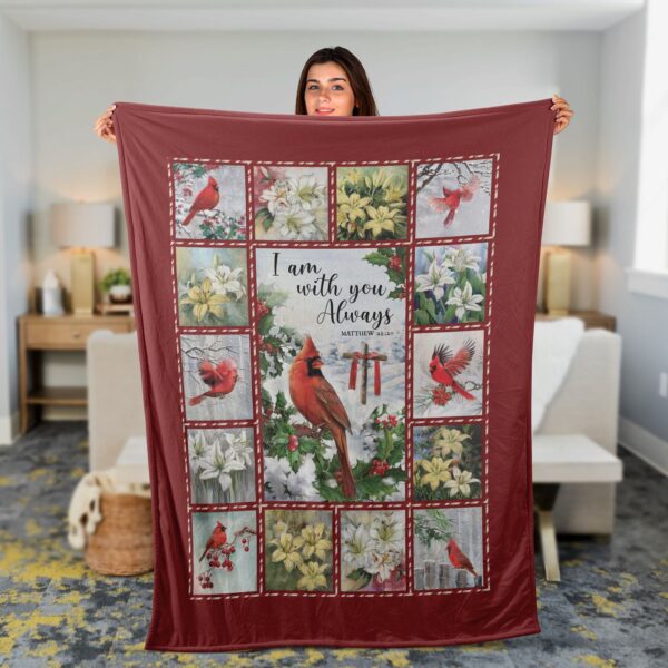 Jesus and Cardinal Christian Throw Blanket – Inspirational Christmas Gift with Cross and Flowers – I Am With You Always