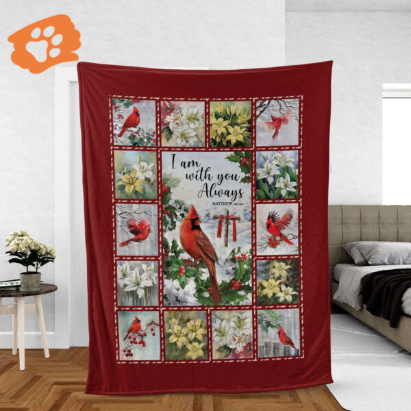 Jesus and Cardinal Christian Throw Blanket – Inspirational Christmas Gift with Cross and Flowers – I Am With You Always
