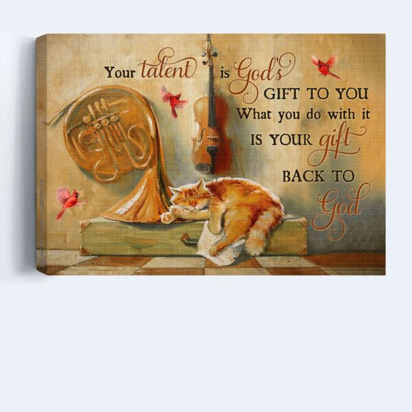 Vintage Jesus & Cat Landscape Poster – Home Decor Gift for Christian & Cat Lovers – Unique Gift with Violin & Cardinal