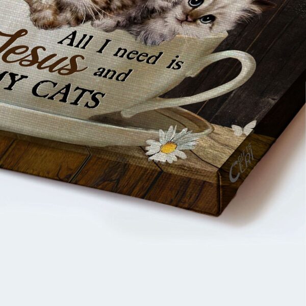 All I Need Is Jesus And My Cats Poster – Christian Home Decor Gift with White Cat Drawing and Daisy Flower