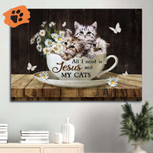 All I Need Is Jesus And My Cats Poster - Christian Home Decor Gift with White Cat Drawing and Daisy Flower