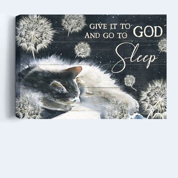 Jesus and Cat Landscape Poster – White Cat Painting Dandelion Drawing Night Sky – Christian Gift for Cat Lovers – Home Decor