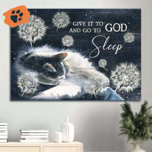 Jesus and Cat Landscape Poster - White Cat Painting Dandelion Drawing Night Sky - Christian Gift for Cat Lovers - Home Decor