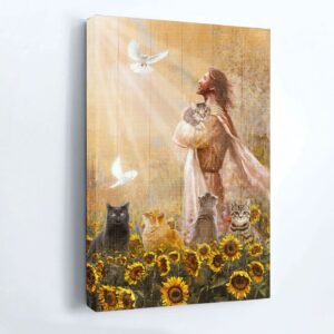 Jesus and Cat Portrait Poster Home Decor Gift - Real Face of Jesus Cat Sunflower Garden Dove Drawing - Ideal Christian and Cat Lovers Gift 3