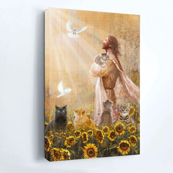 Jesus and Cat Portrait Poster Home Decor Gift – Real Face of Jesus Cat Sunflower Garden Dove Drawing – Ideal Christian and Cat Lovers Gift