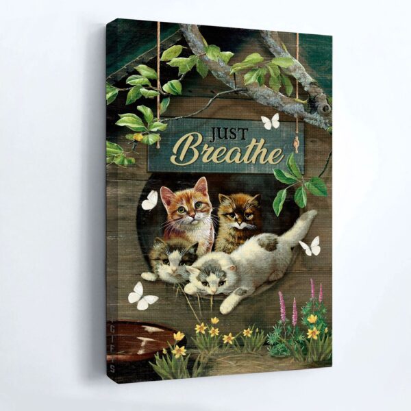Christian Cat Lover Gift: Jesus and Cat Portrait Poster – Wooden Cat House Adorable Kitten Peaceful Garden Home Decor – Just Breathe