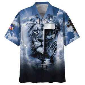 Christian Faith Jesus and Lion Cross Hawaiian Shirt for Men - Blue Sky Christian Gift