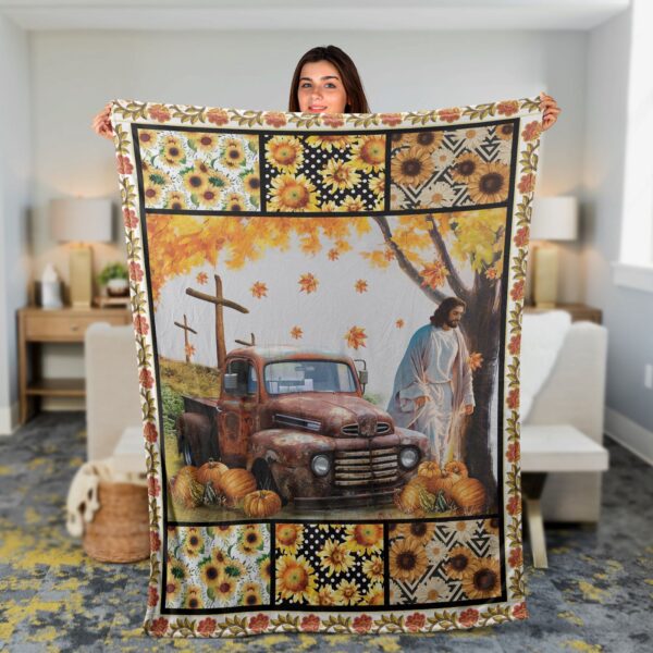 Jesus Fall Autumn Blanket: Christian Faith Inspirational Gift – Red Car Pumpkins Throw
