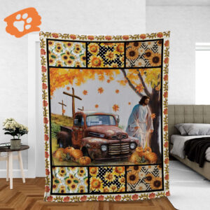 Jesus Fall Autumn Blanket: Christian Faith Inspirational Gift - Red Car Pumpkins Throw