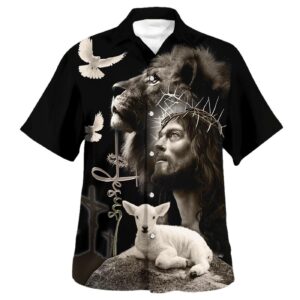 Christian Jesus Lion and Sheep Hawaiian Shirt - Religious Men s Aloha Shirt