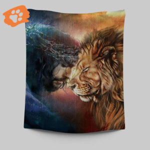 Jesus and Lion of Judah Wall Art Tapestry - Christian Portrait Prints for Christian Wall Decor