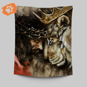 Jesus and Lion Tapestry Prints: Christian Wall Decor featuring Jesus Christ - Tapestry Art
