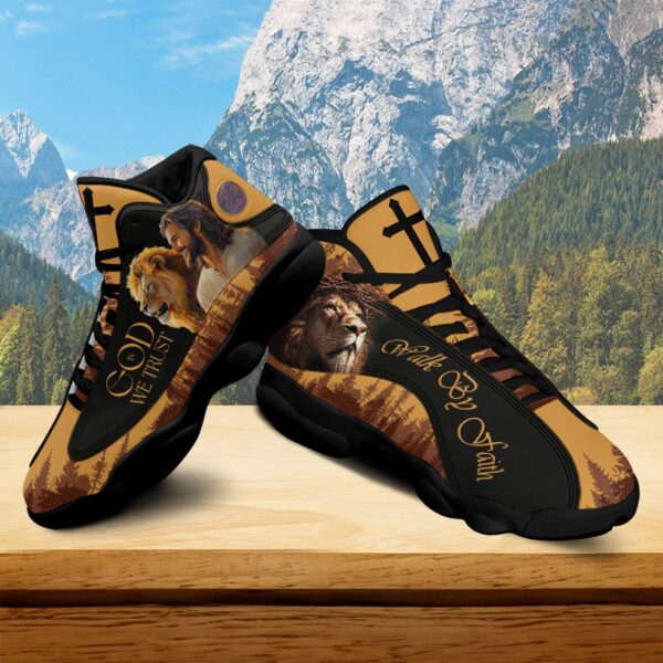 Jesus And Lion Walk By Faith Basketball Shoes, In God We Trust Running Shoes, Christian Cross Footwear