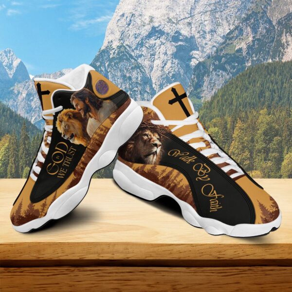 Jesus And Lion Walk By Faith Basketball Shoes, In God We Trust Running Shoes, Christian Cross Footwear