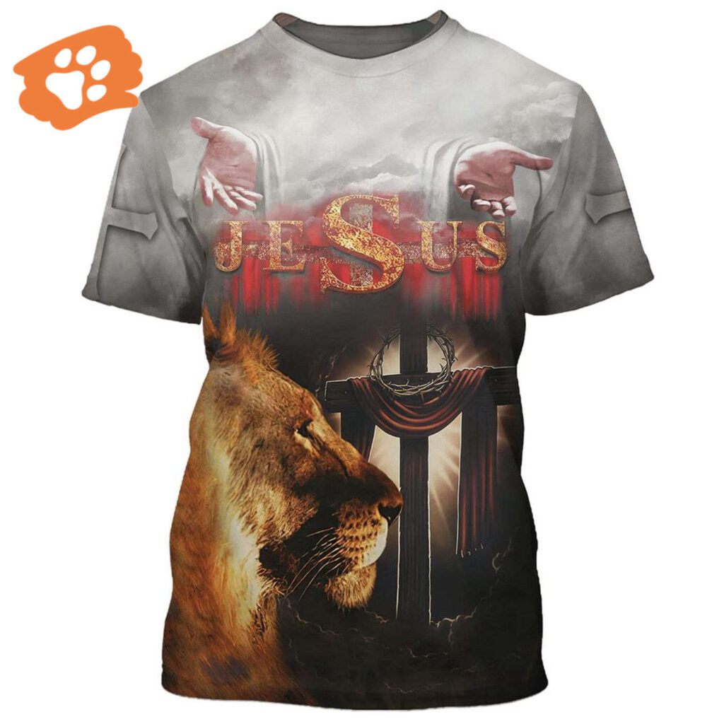 Jesus Arms Open Lion Cross All Over Print 3D T-Shirt – Perfect Christian Gift
