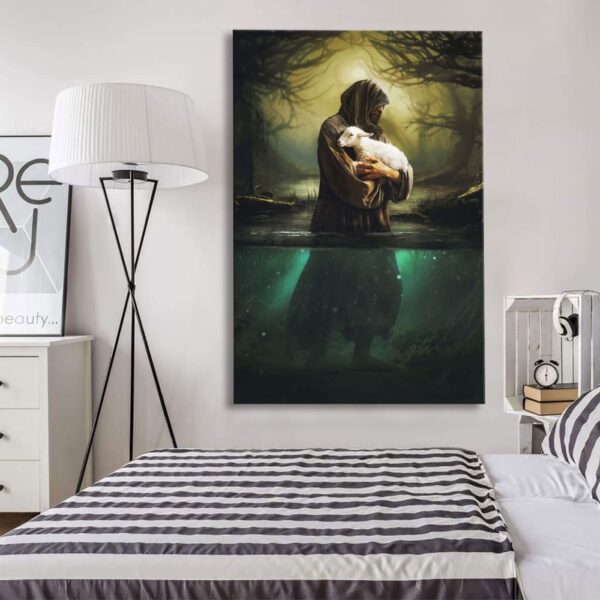 Jesus As Shepherd Carrying Lamb Through The Waters Wall Art Canvas