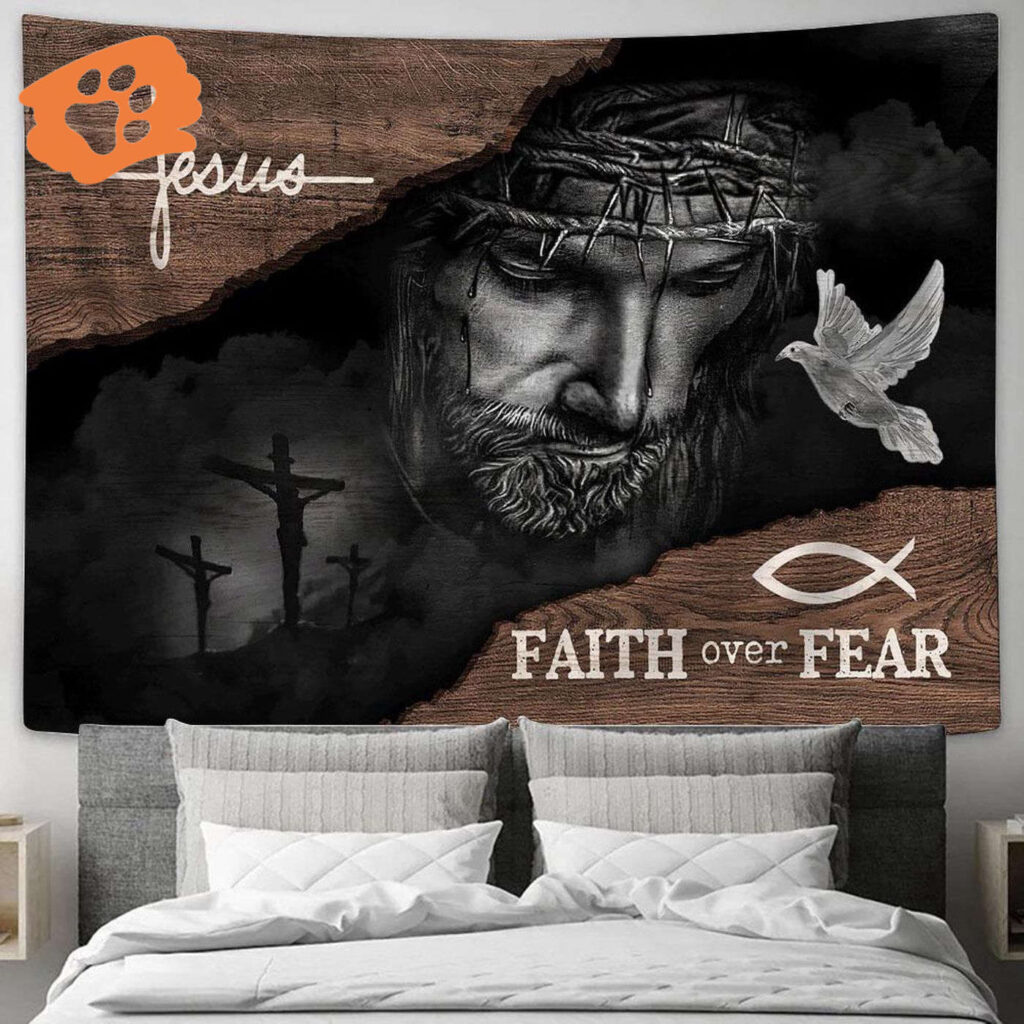 Jesus Black Faith Over Fear Tapestry Art – Christian Wall Decor with Bible Verse Jesus Black Faith Over Fear Tapestry Art – Christian Wall Decor with Bible Verse