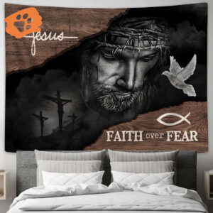 Jesus Black Faith Over Fear Tapestry Art - Christian Wall Decor with Bible Verse