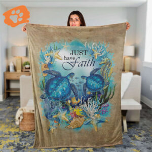 Big Sea Turtle Jesus Blanket - Deep Ocean Theme with Colorful Starfish - Perfect Gift for Christian Faith