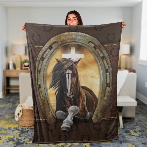Christian Gift: Jesus Blanket with Black Horse Golden Horseshoe Cross Symbol & Orange Sunset