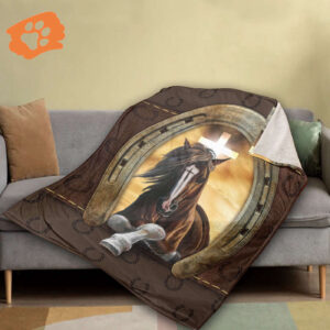 Christian Gift: Jesus Blanket with Black Horse Golden Horseshoe Cross Symbol & Orange Sunset