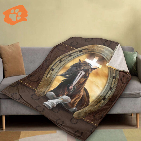 Christian Gift: Jesus Blanket with Black Horse Golden Horseshoe Cross Symbol & Orange Sunset