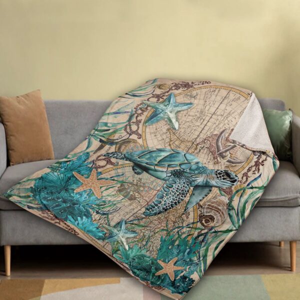 Vintage Map Jesus Blanket with Blue Sea Turtle & Big Starfish – Perfect Christian Gift
