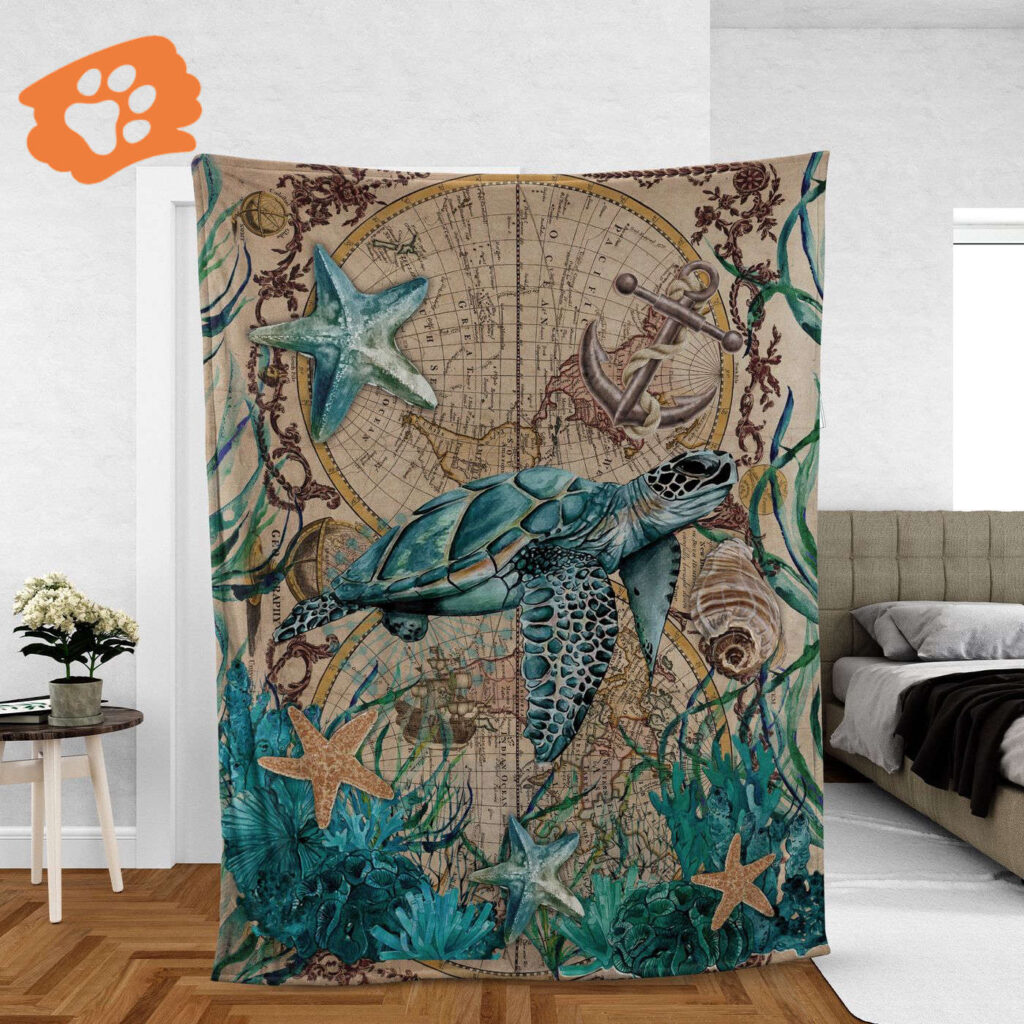 Vintage Map Jesus Blanket with Blue Sea Turtle & Big Starfish – Perfect Christian Gift Vintage Map Jesus Blanket with Blue Sea Turtle & Big Starfish – Perfect Christian Gift