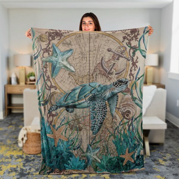Vintage Map Jesus Blanket with Blue Sea Turtle & Big Starfish – Perfect Christian Gift