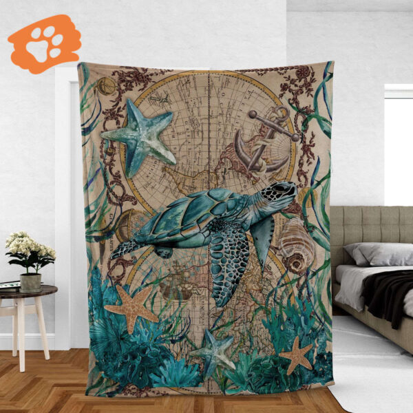 Vintage Map Jesus Blanket with Blue Sea Turtle & Big Starfish – Perfect Christian Gift