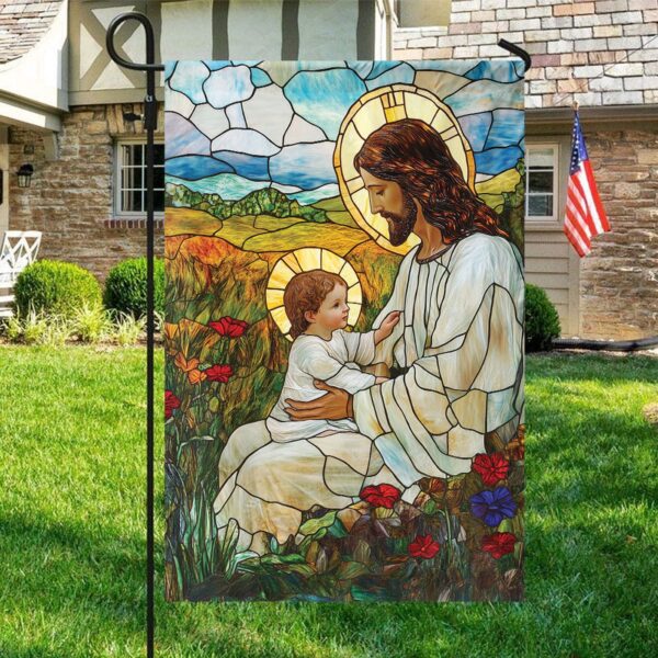 Jesus Blessing Children Garden Flag: God Stained Glass Christmas House Flag