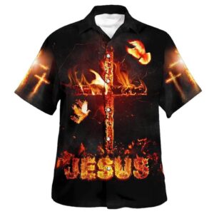 Men s Jesus Burning Fire Cross Hawaiian Shirt: Christian Gift for Men