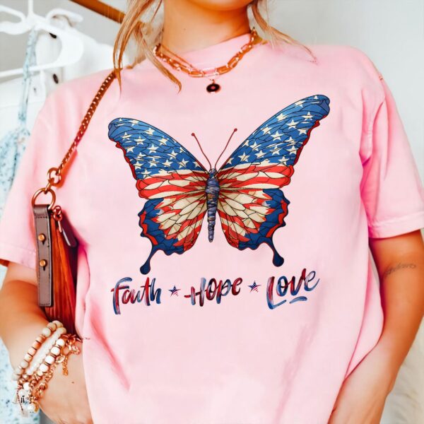 Jesus Butterfly American Flag Shirt Faith Hope Love US Pride Tee Independence Day Hoodie Butterfly Lover Gifts
