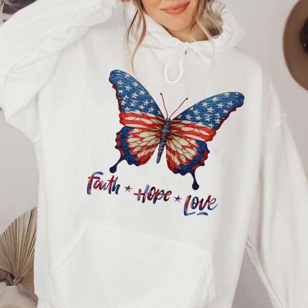 Jesus Butterfly American Flag Shirt Faith Hope Love US Pride Tee Independence Day Hoodie Butterfly Lover Gifts