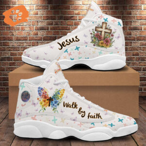 Jesus Butterfly Basketball Shoes, Walk By Faith Running Sneakers For Mom, Christ Cross Mothers Day Gift
