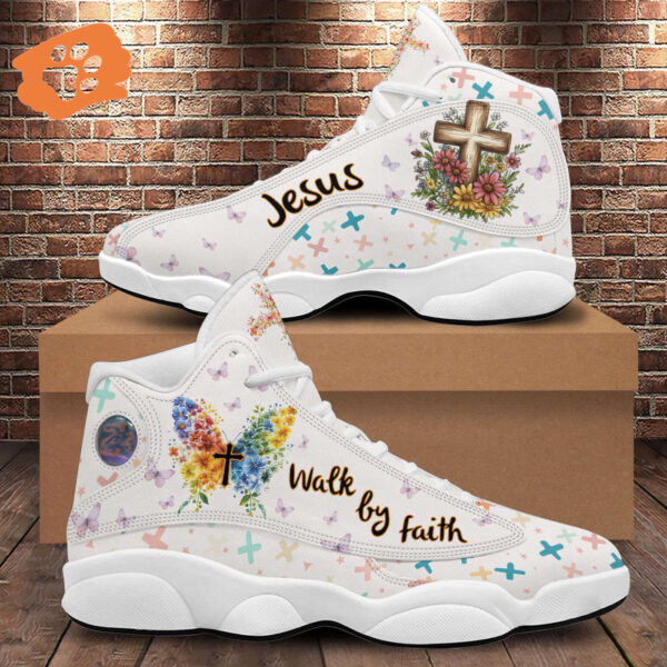 Jesus Butterfly Basketball Shoes, Walk By Faith Running Sneakers For Mom, Christ Cross Mothers Day Gift