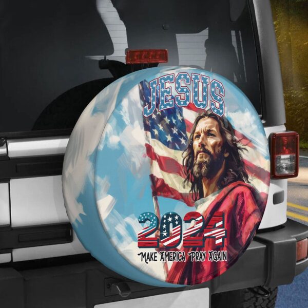 Jesus Christ 2024 Spare Tire Cover: God American Flag Wheel Decor for Independence Day