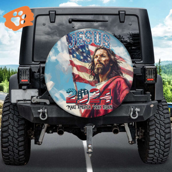 Jesus Christ 2024 Spare Tire Cover: God American Flag Wheel Decor for Independence Day