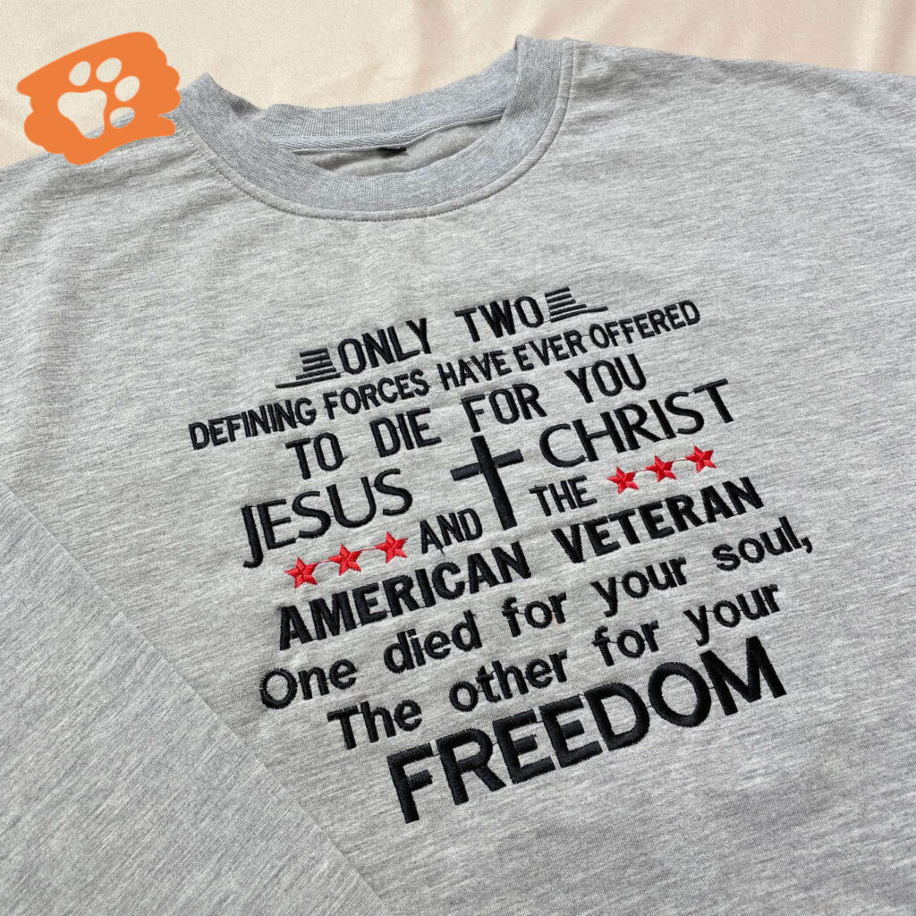 Jesus Christ And American Veteran Embroidered T-Shirt Jesus Christ And American Veteran Embroidered T-Shirt