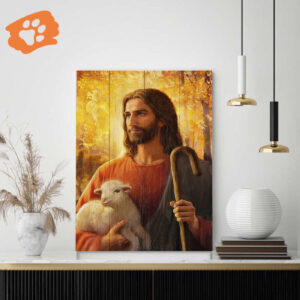 Jesus Christ Carrying a Lamb Autumn Leave Poster for Home Decor Gift
