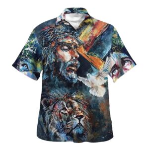 Vintage Jesus Christ Lion And Dove Hawaiian Shirt for Men - Christian Gift