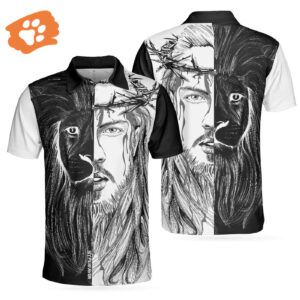 Jesus Christ Lion Men s Polo Shirt - Black & White Christian Contrast Art - Best Christian Shirt